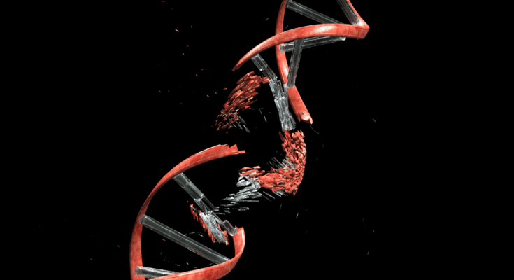 Conceptual illustration to show DNA damage. DNA string against black with clipping path.