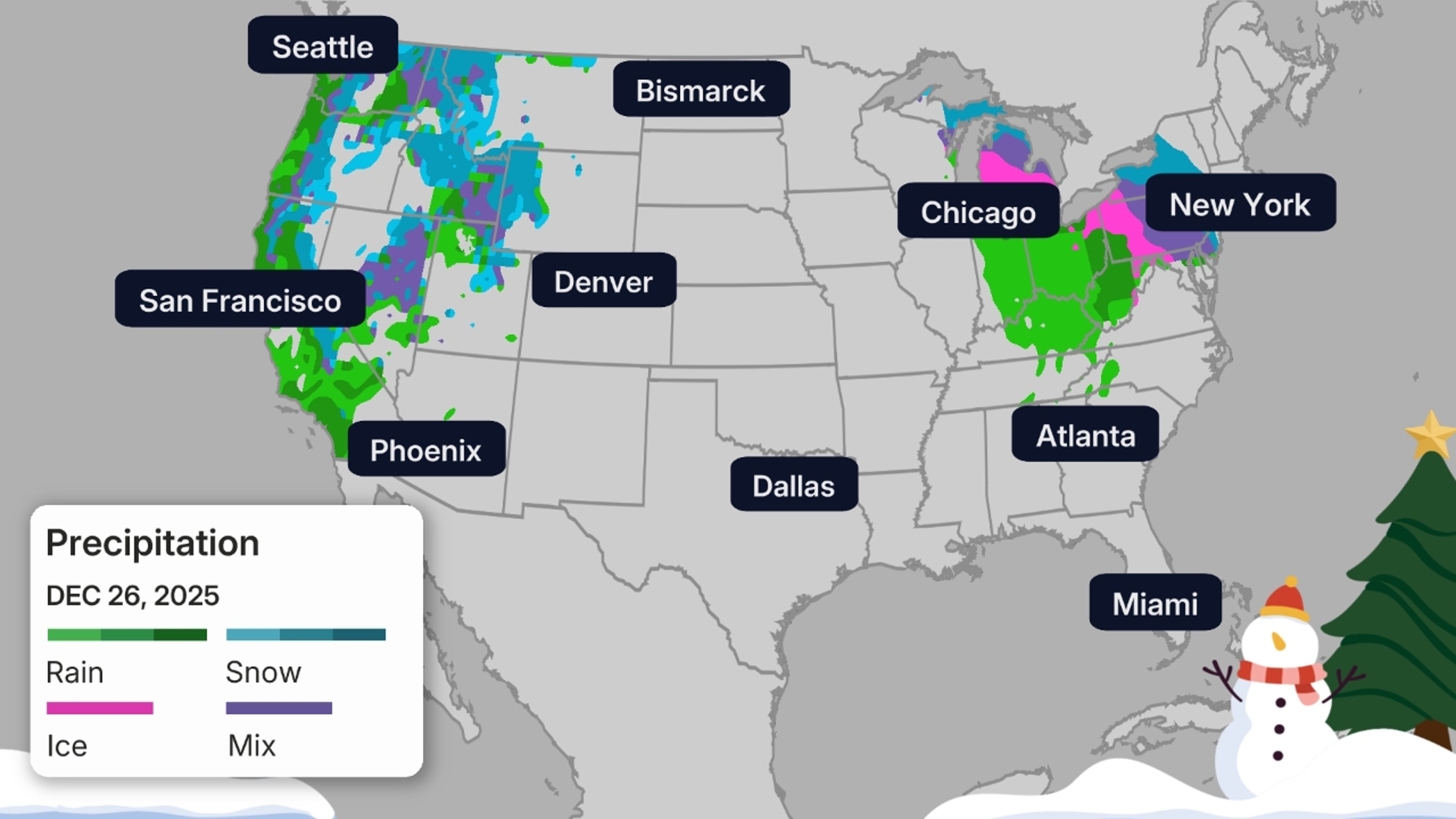 Los tonos de verde muestran dónde se espera lluvia. Se espera que nieve en las áreas sombreadas de azul. En las áreas sombreadas de color violeta es posible que llueva o nieve. 