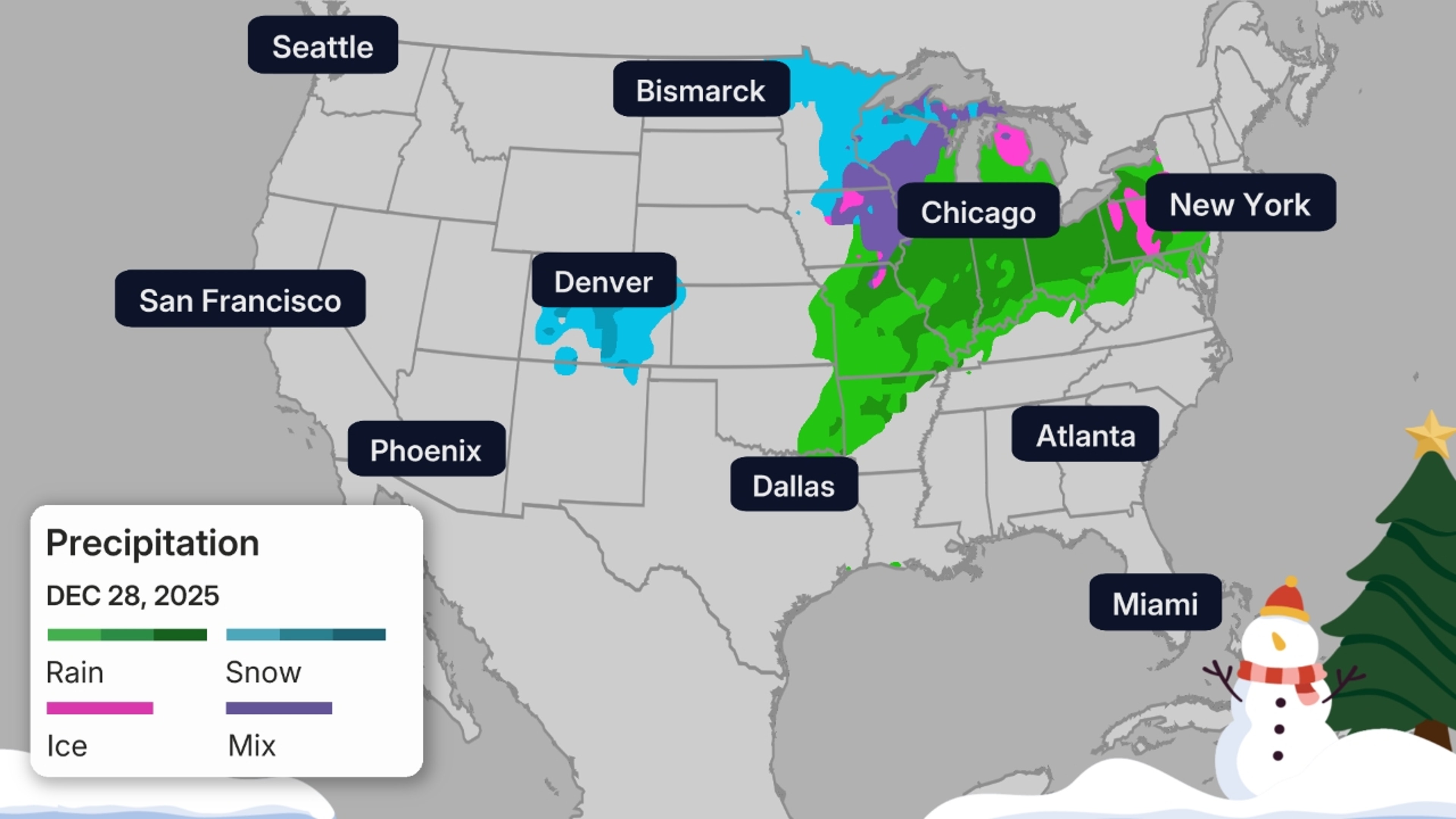 Los tonos de verde muestran dónde se espera lluvia. Se espera que nieve en las áreas sombreadas de azul. En las áreas sombreadas de color violeta es posible que llueva o nieve. 