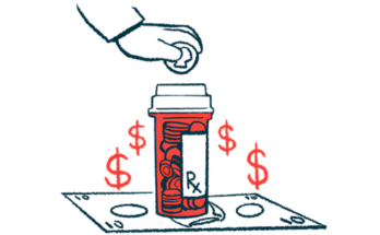 A hand drops a coin into the top of a medicine bottle that