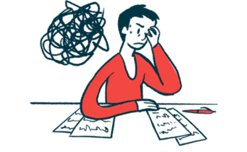 A black stress cloud hangs beside the head of a person seated at a table and looking at paperwork.