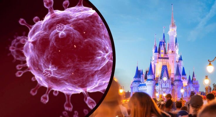 A sexually trasmitted disease floating near the Walt Disney World Cinderella Castle as guests watch on.