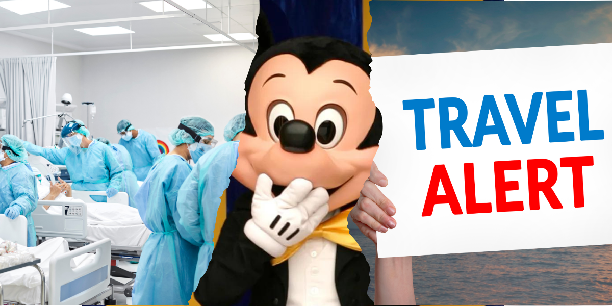 Imagen dividida por la mitad, que muestra a un técnico médico caminando hacia un paciente y, a la derecha, Mickey touse parado junto a un cartel de Mickey de pie. 