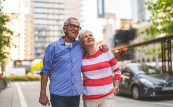 Senior couple in love walking in the city