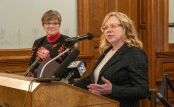 Kansas Gov. Laura Kelly and Kansas Department of Labor secretary Amber Shultz announce the launch of the state's new online unemployment system Nov. 22, 2024, at the Statehouse.