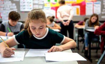 Students in a classroom taking a test, focused on their papers. A teacher observes in the background, ensuring a quiet environment.