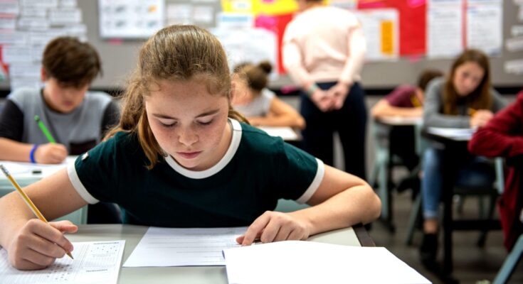 Students in a classroom taking a test, focused on their papers. A teacher observes in the background, ensuring a quiet environment.